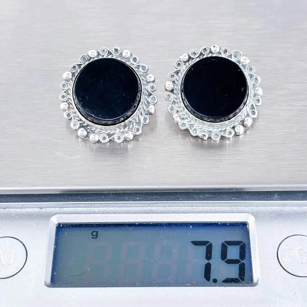 Vintage Mexico Sterling Silver 925 Onyx Clip-On Earrings